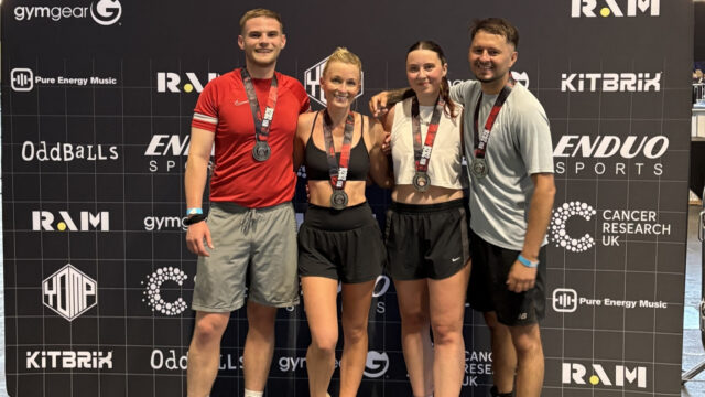 L-R-Jae-Manwaring-Jennifer-Brown-Kirsty-Johnston-and-Liam-Lowe-with-their-medals-after-completing-the-DEKA-IGNITE-Manchester-challenge